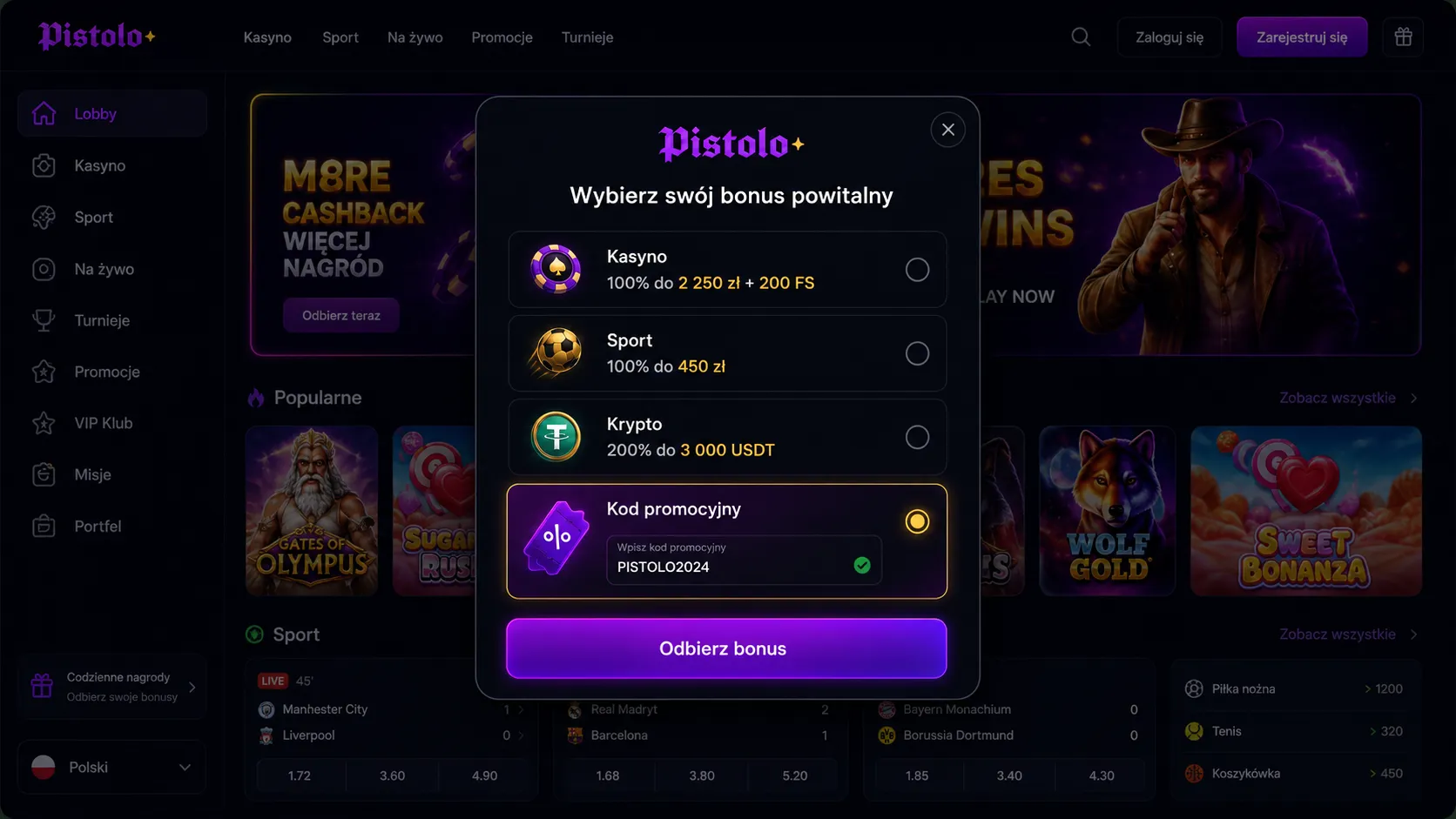 Pistolo Casino Bonus aktywacja promo code krok po kroku